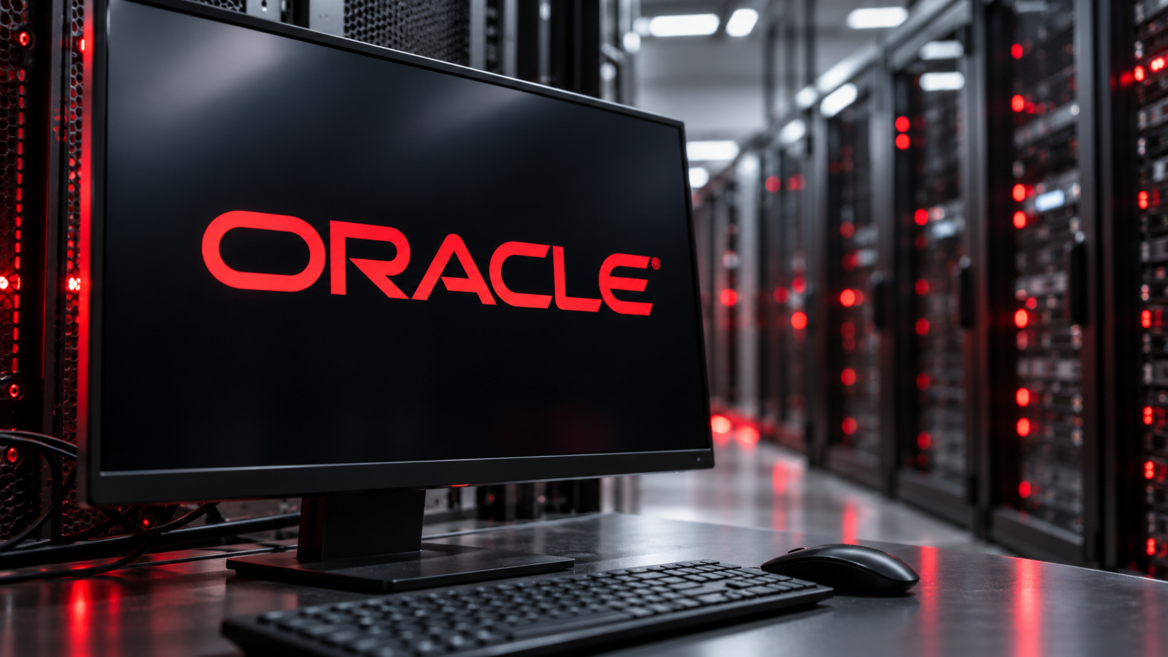 Desktop with Oracle logo.